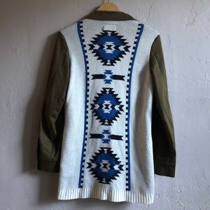 Military jacket with knit Aztec print back panel